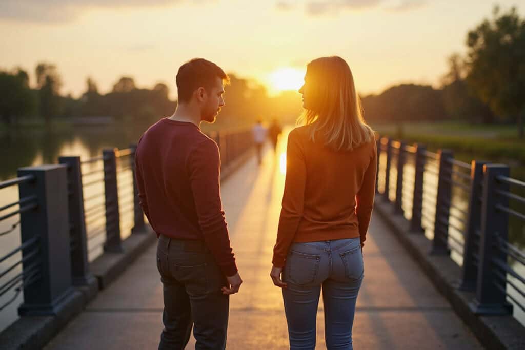 couple looking at each other on a wooden bridge