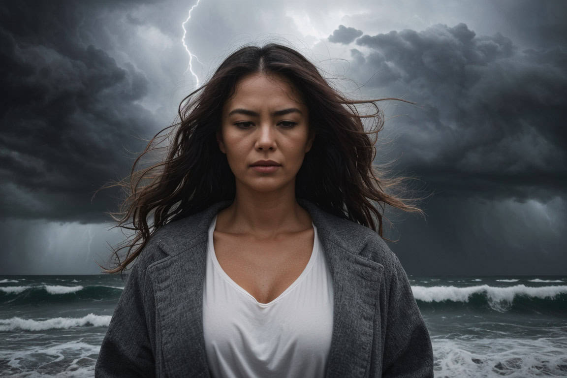 close up of a woman wearing a grey coat with rough seas in the background