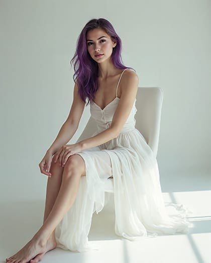 a woman sitting in a white dress