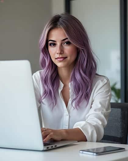 a woman with purple hair sitting at a desk with a computer
